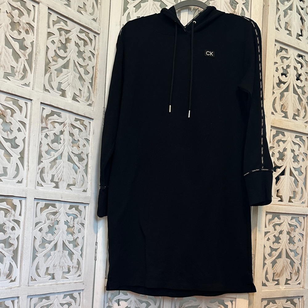 Calvin Klein Black Hooded Sweatshirt Dress with CK Chest Patch